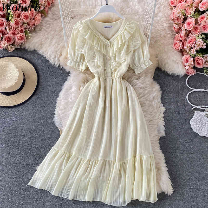 Lace Beading Midi Dress Women Vintage V Neck Short Sleeve High Waist A-Line Vestidos Summer Robe Sweet Dresses 210519