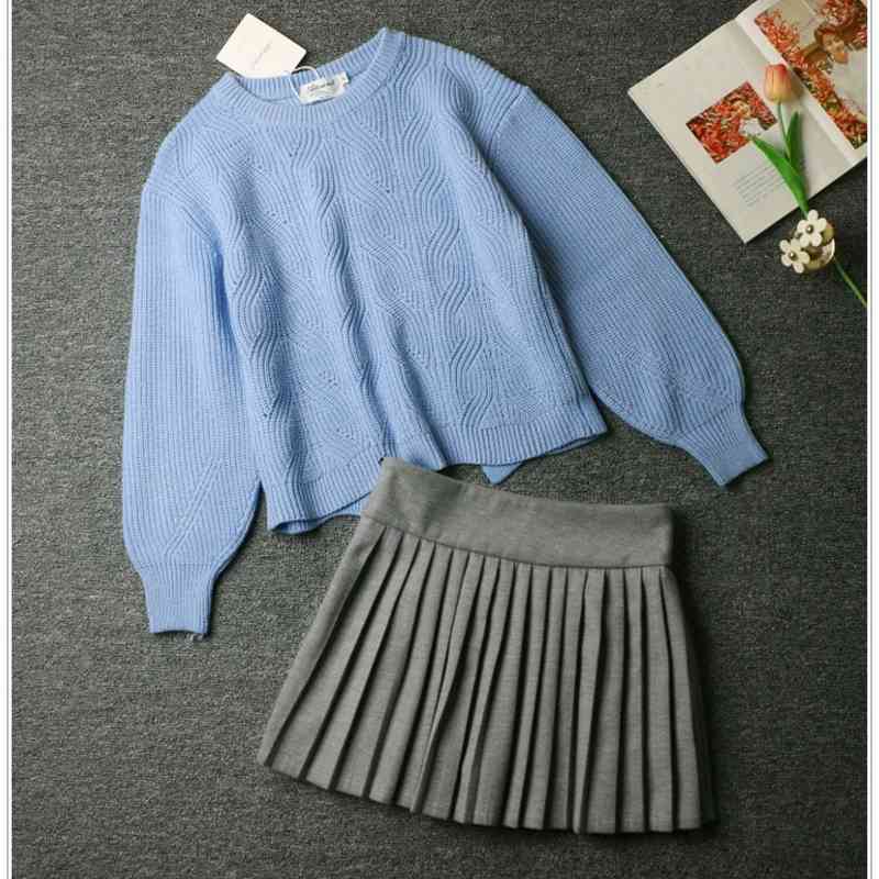 2 Pieces Set Vintage Knitting Twist Slit Back Backless Sweat Korea Clothing Women Pleated Mini Skirt Long sleeve Knitwear Jumper 210429