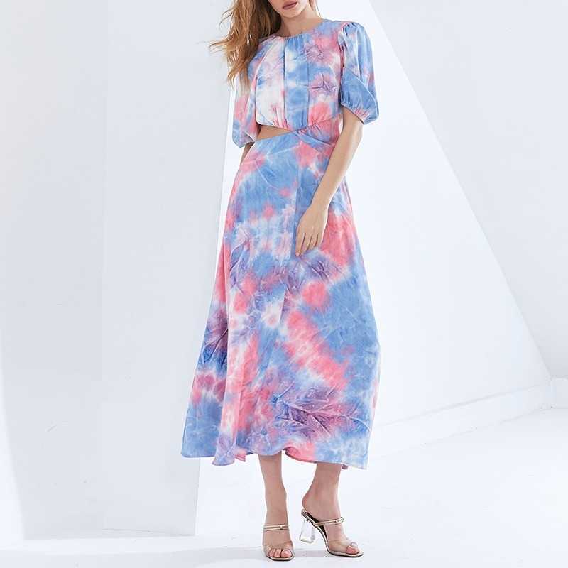 Spring Summer Bohemian Long Dresses Tie Dye Hollow Out O-neck Women Vestidos Patchwork Slim Waist Elegant Femme Robe 13A173 210525