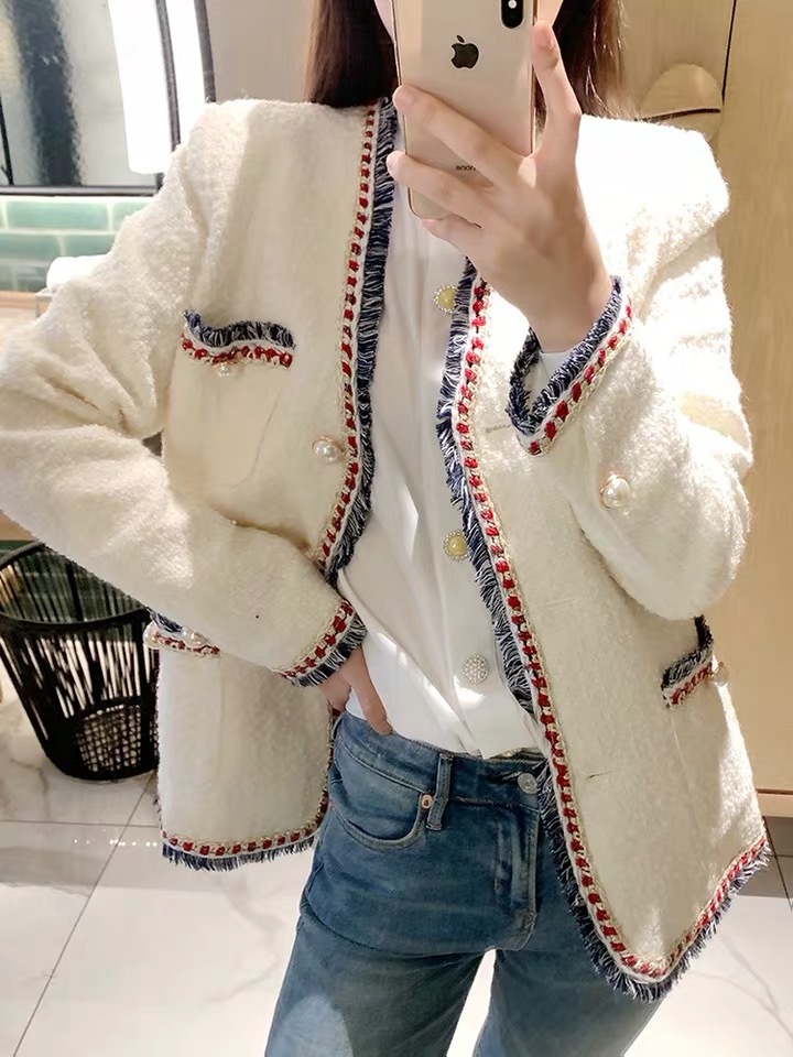 VintageTassel Tweed Jacket Coat Women Pearls Button Elegant White Jackets Pocket Loose Vintage Plaid Outwear Chic 210421