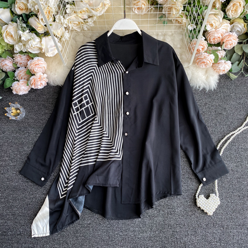 New Women Blouse White Collar Ladies Irregular Stitching Color Contrast Long Sleeves Urban Shirt Female Casual Long Tops 210317