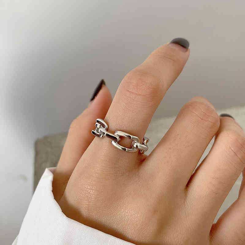WANTME Genuine 925 Sterling Silver 18k Gold Punk Hip Hop Link Chain Open Ring for Fashion Women Rock Men Party Jewelry 210507