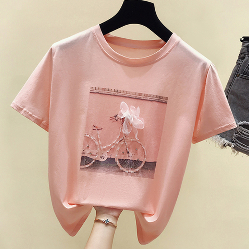 T-shirt plus Tshirt Grand Taille Femme manches courtes Femme Femme Rose Rose White T-shirts Perles T-shirt Fleur Tee-shirt