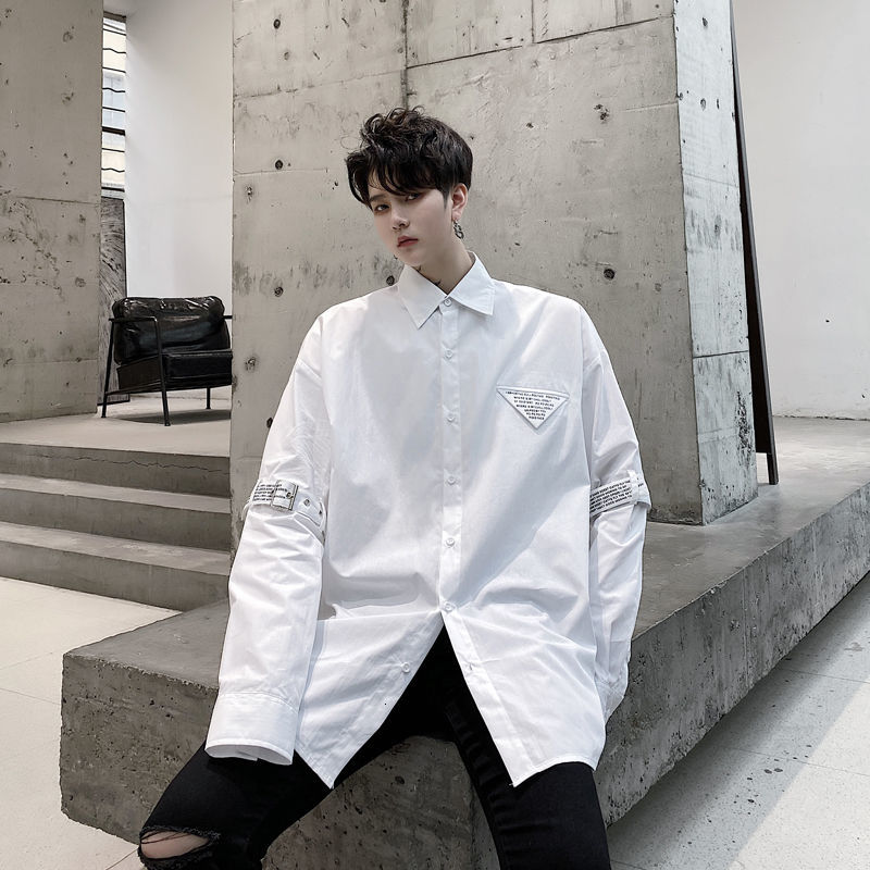 IEFB /men's wear Spring shirt letter pattern long sleeve ribbon decoration loose large size black white tops mael Y3434 210524