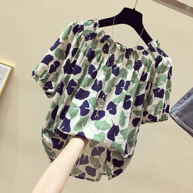Korea Fashion Summer Women Shirt Plus Size Slash Neck Sexy Off Shoulder Short Sleeve Print Tops Loose Casual Blouse D20 210512