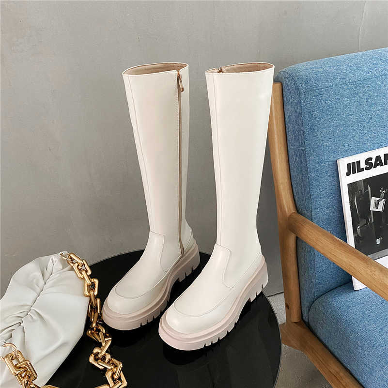 Meotina Women Knee High Riding Boots Platform Flat Shoes Fashion Round Toe Zipper Ladies Long Boots Autumn Winter 33-43 Beige Y0914
