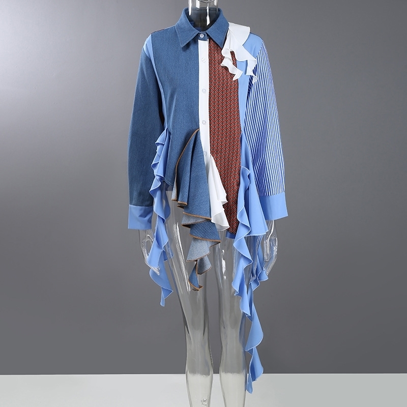 Patchwork Striped Vintage Print Shirt For Women Lapel Collar Ruched Tassel Korean Spring Shirts Emale Fashion 210524