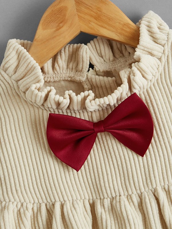 Toddler Girls Frill Neck Bow Front Corduroy Dress SHE