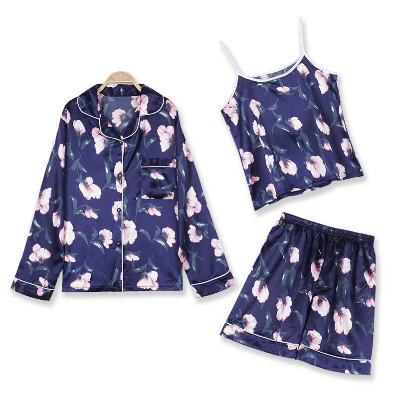Spring Pajamas Suit Women Satin Home Wear Print Flower Sleep Set With Pocket Intimate Lingerie Navy Blue Pyjamas Q0706