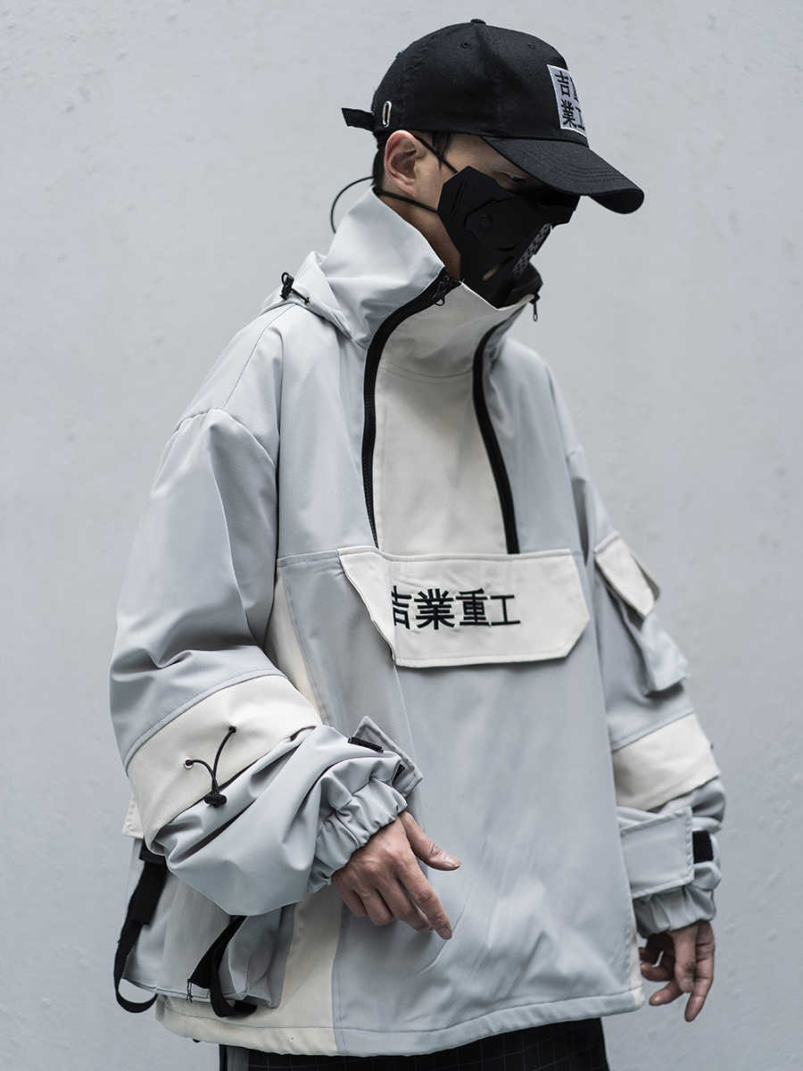 multi pocket stormsuit hiphop casual stitching Half Zip Hooded women Men's clothes Antique jacket Japanese style streetwear 211009