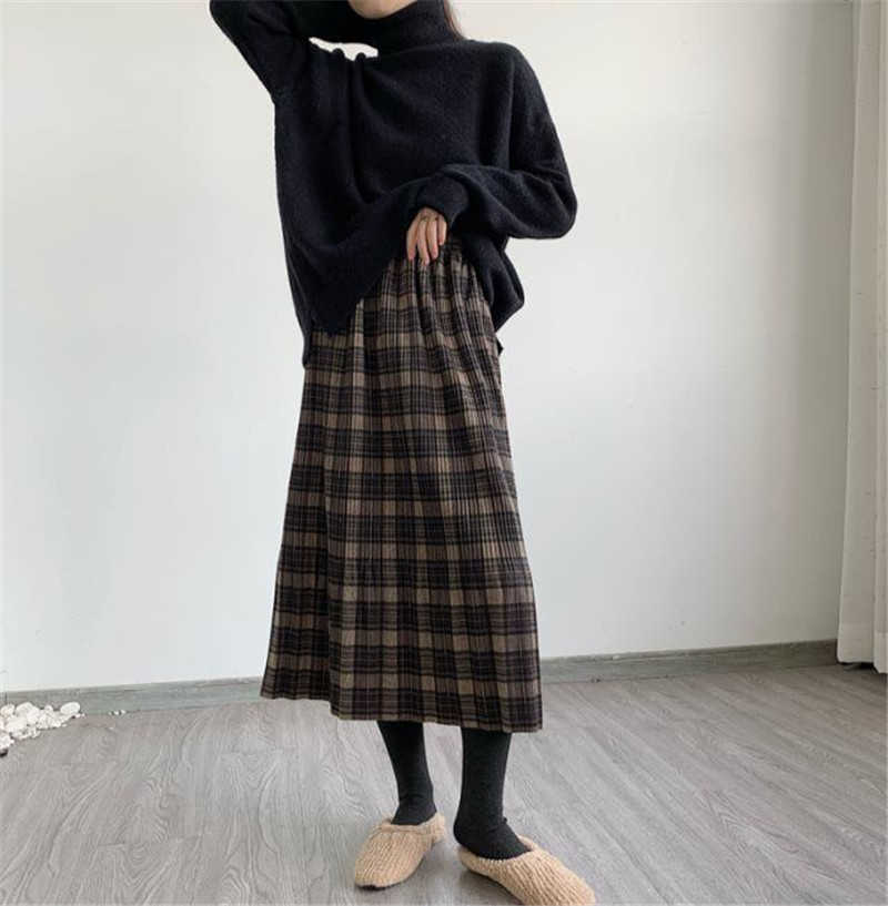 High Quality Winter Wool Long Pleated Skirt Women'S Korean Style High Waist Midi Plaid Skirt Female Vintage Plus Size Clothes 210619wtt
