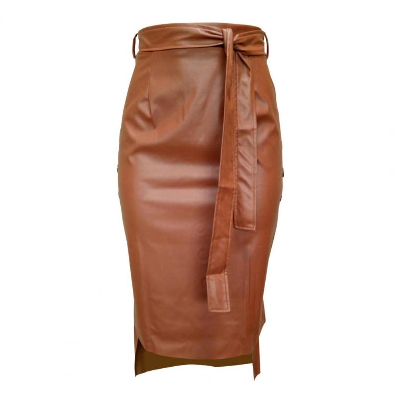 Skirts Sexy Women Autumn Winter Faux Leather Bandage Button Bodycon Split Midi Skirt