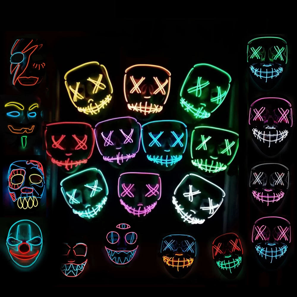 Led Party Mask Halloween Masks Festival Cosplay Costume Supplies Light Glow In The Dark Horror Glowing Masker Mixed Colors