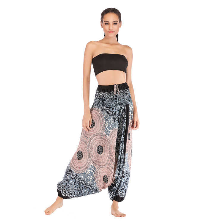 Thailand India Female Casual Loose Big Fork Pants Bohemia Floral Printed Elastici Waist Ladies Lace Up Dance Trouses Harem 210604
