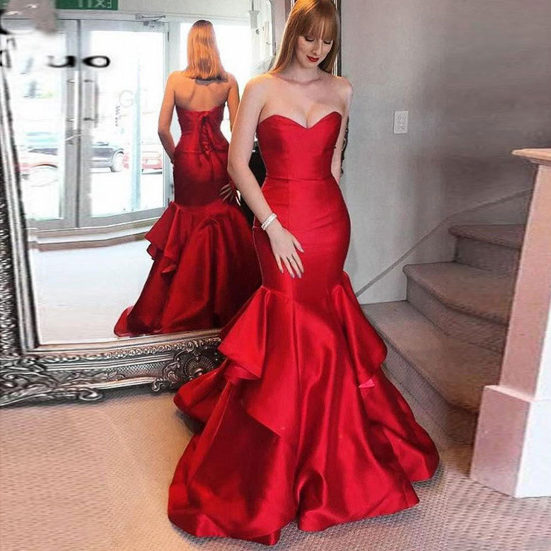 R&W Gorgeous Red Long Prom Sexy Open Back Mermaid Evening Gowns South African Formal Party Gown Sweet 16 Dresses