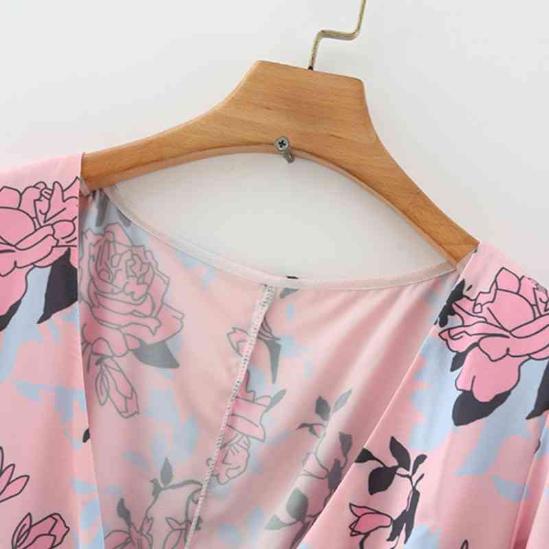 Summer Women Flower Print Deep V Neck Lace Up Bow Midi Dress Female Short Sleeve Clothes Casual Lady Loose Vestido D7515 210430Z