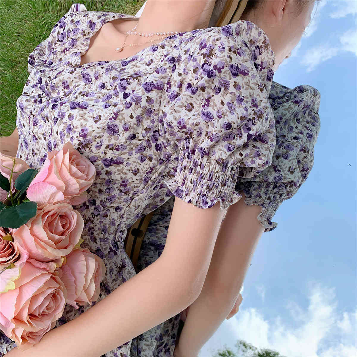 Summer Sexy V-Neck Puff Sleeve Flower Print Chiffon Dress Bodycon Women Chic Slim Waist Split Midi Dresses Vestidos 210518