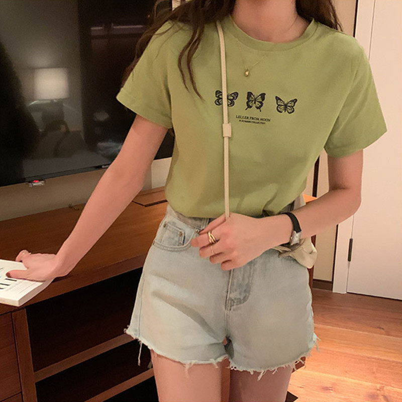 4colors summer korean style Butterfly print Slim short sleeve crop top for womens t-shirts womens tee shirt femme (X1822) 210423