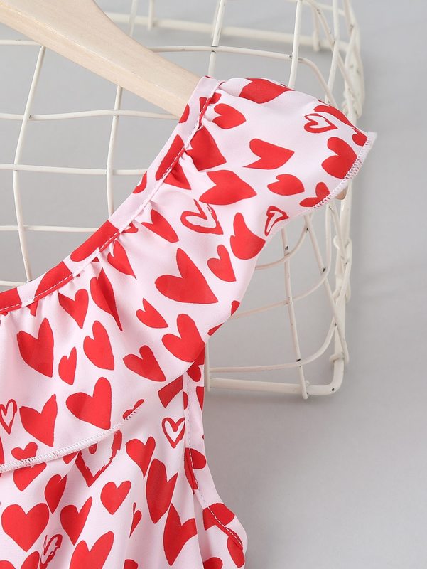 Girls Heart Print Ruffle Hem Dress SHE