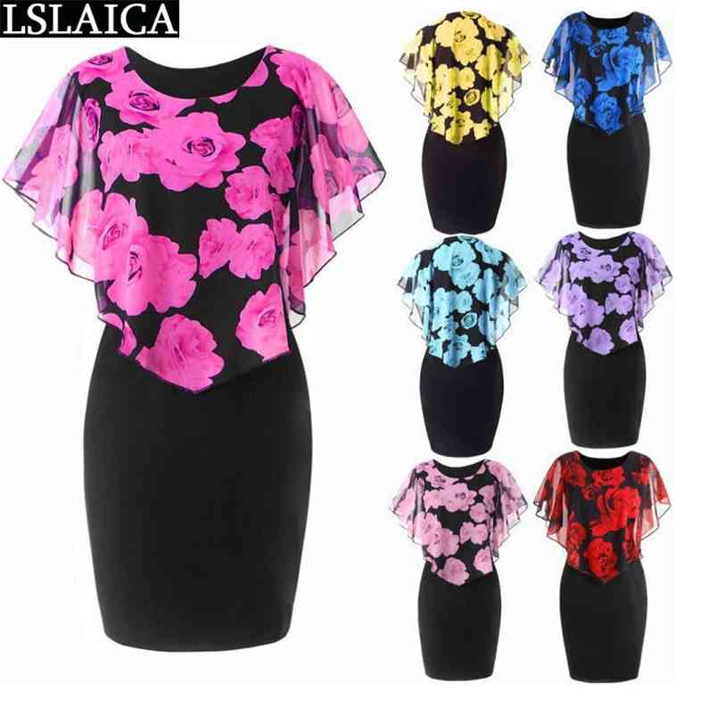 women dress rose print elegant casual slim bodycon office party streetwear plus size S-5XL short 210515
