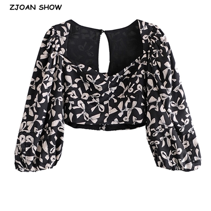 Sexy Back Zipper Square Collar Floral Print Tank Tops Women Summer Long Lantern Sleeve Backless Crop Top Girls Tees 210429