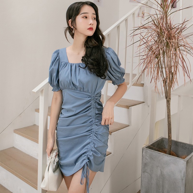 Elegant Fashion Ruched Drawstring Bodycon Mini Dress Summer Women Square Collar Slim Waist Vintage Vestidos 210519