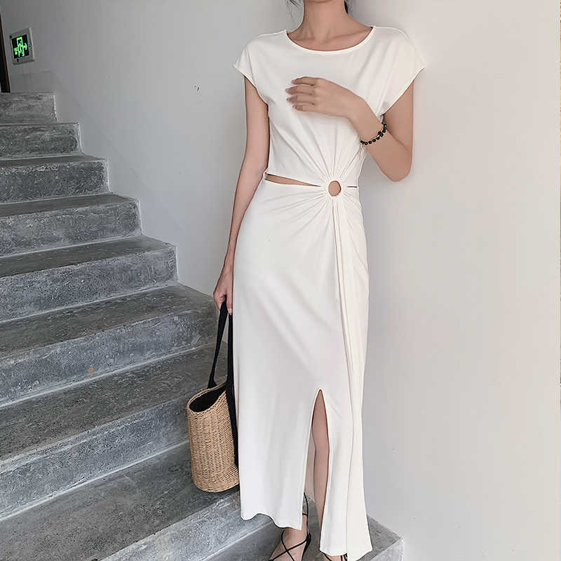Women's Beach Sexy Summer Dress Fashion Casual Solid White Party Bodycon Modal Slit Midi Dresses Robe Femme 210608