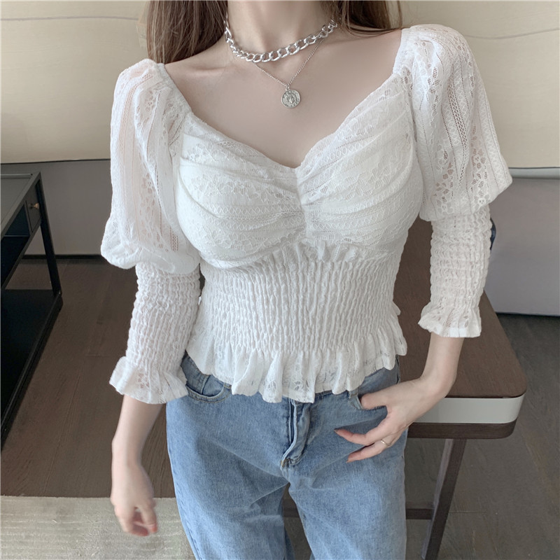 Women Long Sleeve Lace Shirt Square Collar Hollow Out Ruffled Tops Fashion Blouses Ropa Mujer 12966 210427