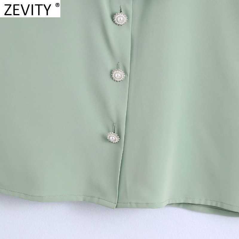 Zevity Women Sweet Bow Tie Solid Casual Shirt Office Lady Pleat Short Sleeve Blouse Roupas Chic Diamond Button Blusa Tops LS9415 210603