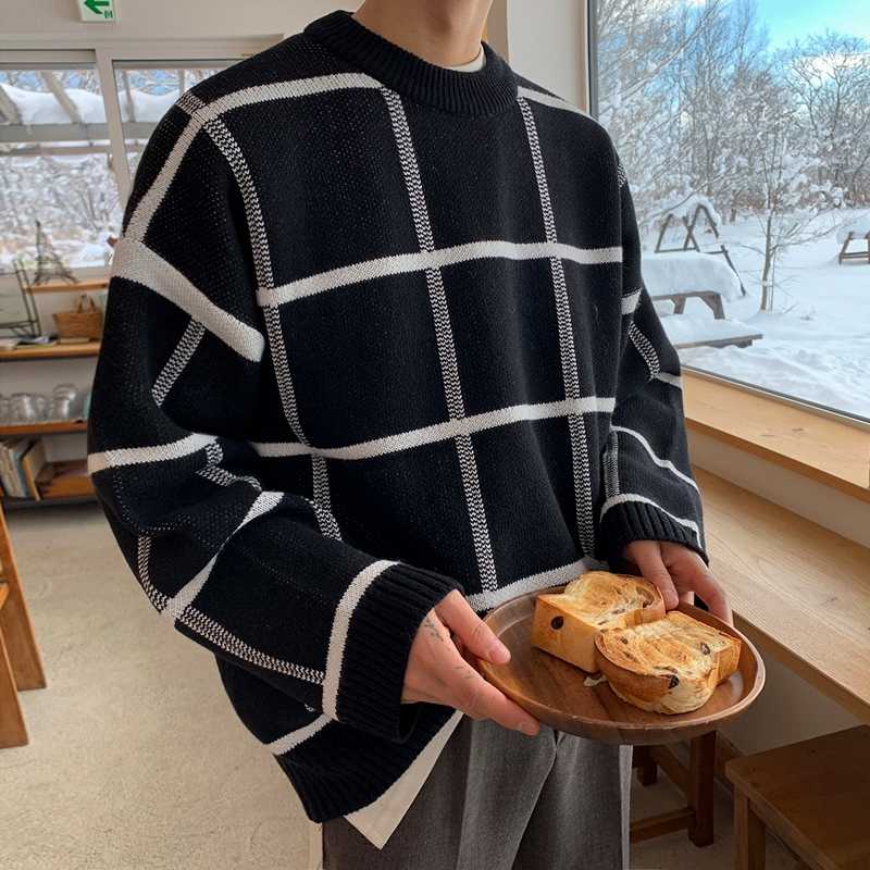 IEFB /men's wear plaid sweater autumn witner Korean style loose pullover knitted tops all-mtch cintage 9Y3248 211008