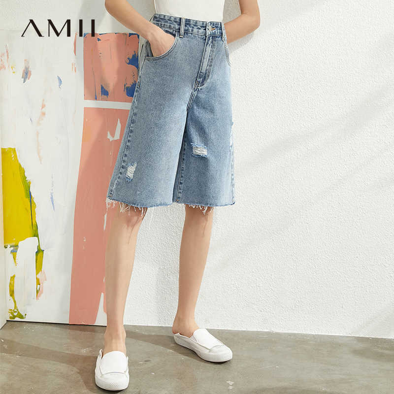 Minimalism Spring Summer Causal Cotton Women Denim Pants Fashion High Waist Loose Knee-length Female Ripped Jeans 12030185 210527