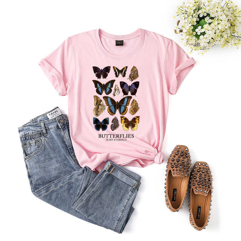 100% Cotton Fashion Butterfly Women T-Shirt Casual Loose O-Neck Short Sleeve Summer Streetwear Tees Top W733 210526