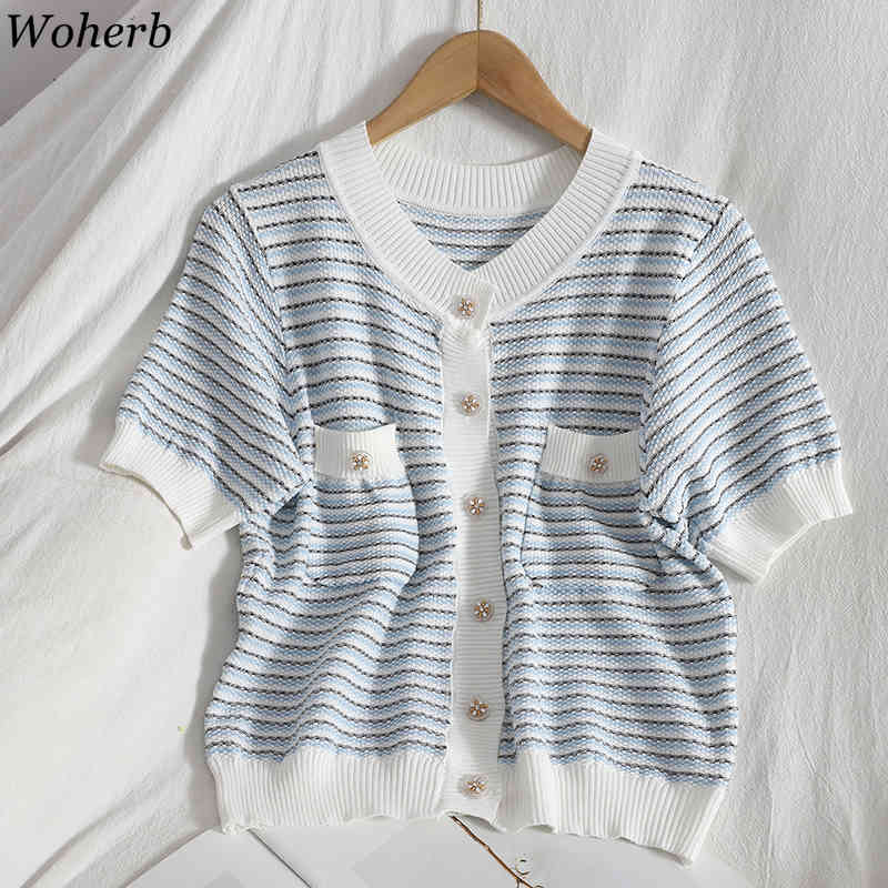 Vintage Elegant Knitted Cardigan Women Short Sleeve Striped Button Up Sweet Ladies Summer Korean Fashion Female Tops 210519