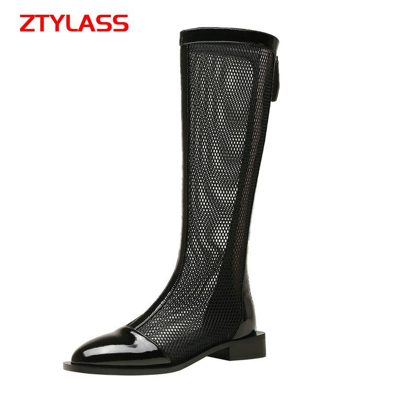 Boots 2021 Summer Women Knee High Sexy Hollow Breathable Mesh Patent Leather Fashion Zipper Long Low Heel, Black