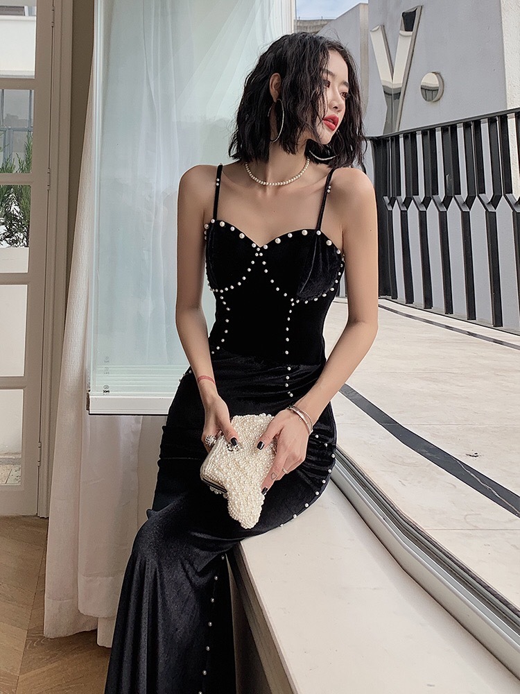celebrity style slim bodycon maxi dresses for women black beading spaghetti strap sexy summer grown party dress robe 210421