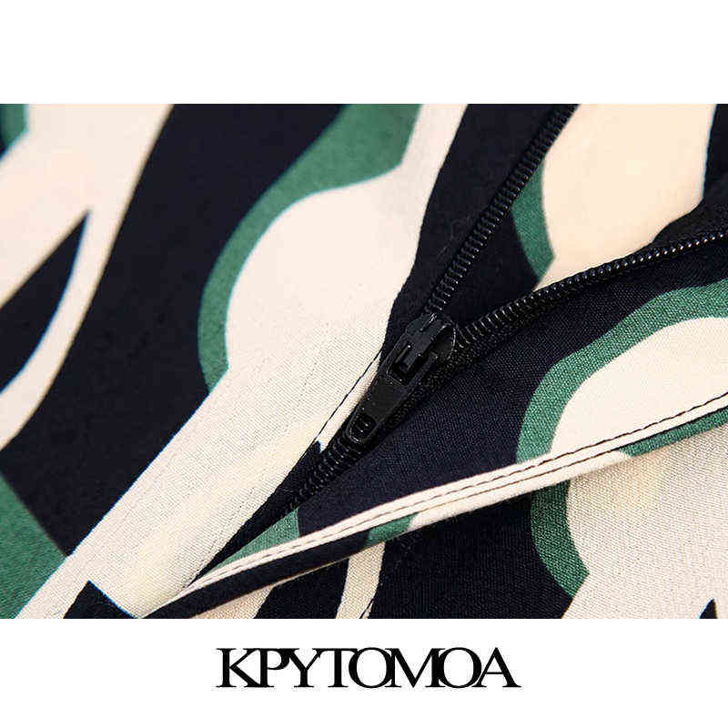 KPYTOMOA Women Fashion Side Pockets Printed Flared Pants Vintage High Elastic Waist Zipper Fly Female Trousers Mujer 211115