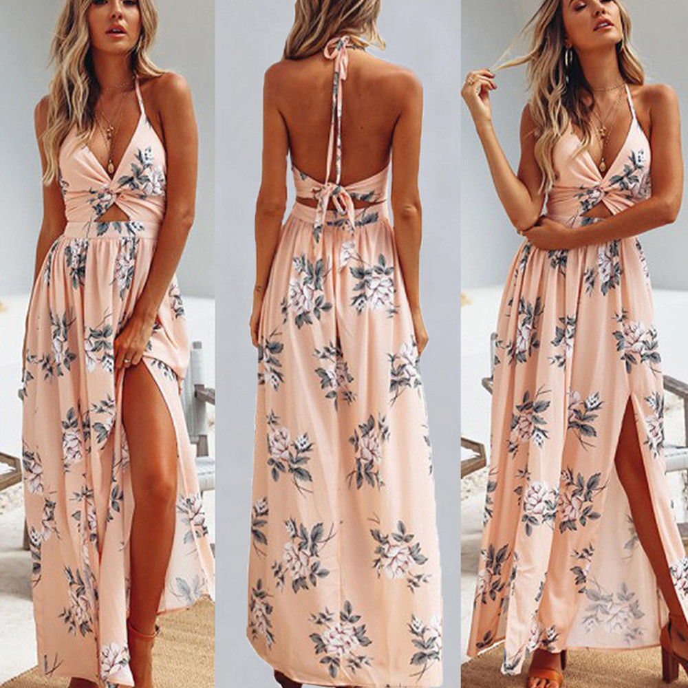 Womens Summer Boho Maxi Long Dress Evening Party Beach Dresses Sundress Floral Halter Chiffon Dress Summer Deep V Neck 210518