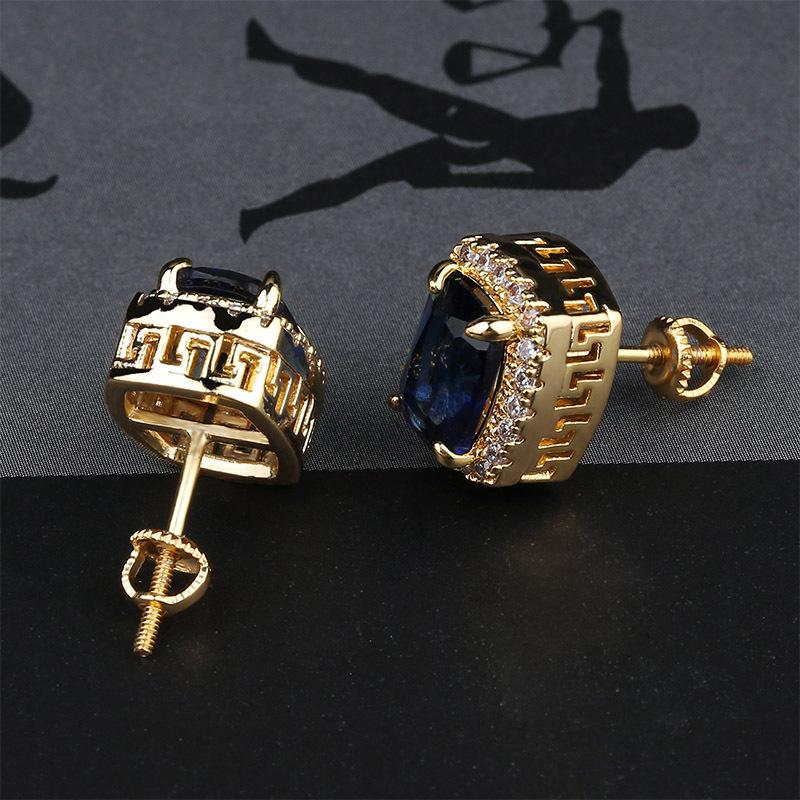 hip hop colorful gemstone stud earrings womens bling iced out diamond earrings red green blue gem ruby Emerald Earrings