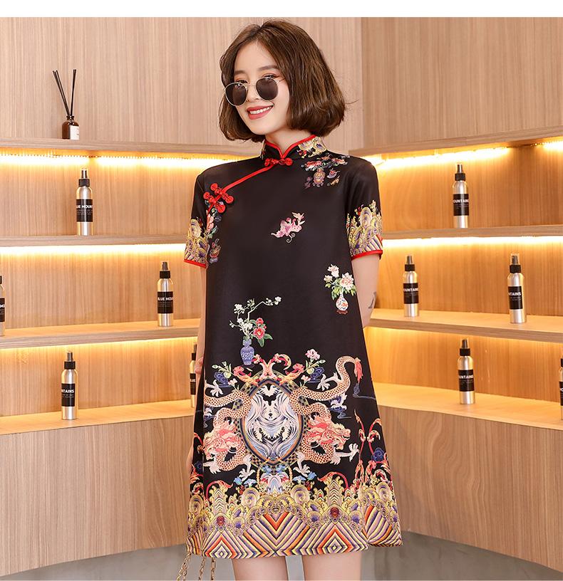 M-XXL Yellow Black Loose Fashion Modern Trend Cheongsam Dress For Women Short Sleeve Qipao Traditional Chinese Clothes Ethnic Clothing