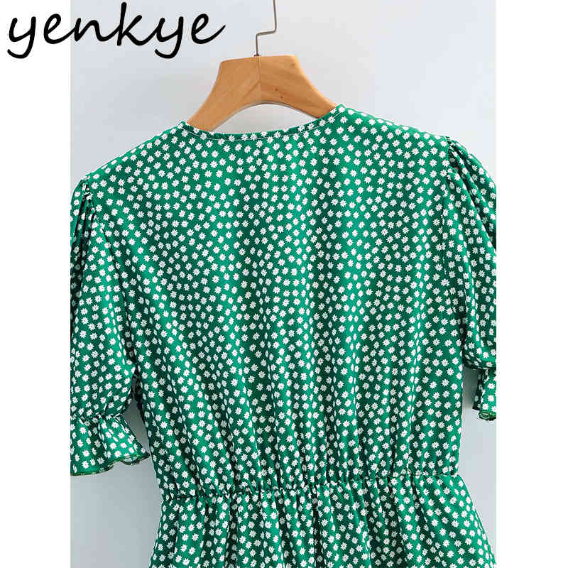 Green Floral Print Ruffle Dress Women Bow Tie V Neck Short Sleeve A-line Mini Summer Holiday Vestido 210430