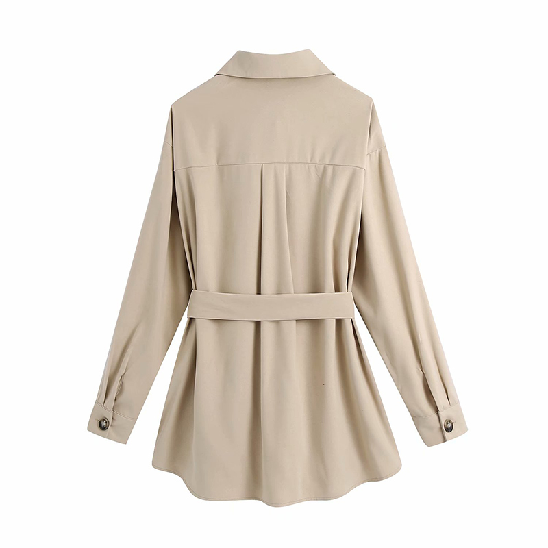 Spring Women Sashes Khaki Tooling Shirt Female Long Sleeve Blouse Casual Lady Loose Tops Blusas 210520