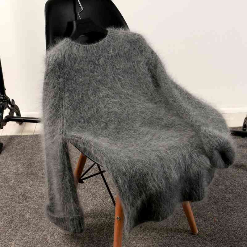 Winter Women's Thickened Round-Neck Mohair Pullover Sweater Pure Color Female Loose Knitwear Long Sleeve Asymmetry Knit Top 210520