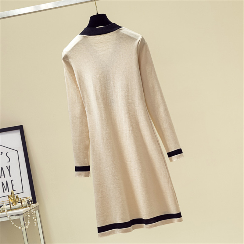 Women Knitted Long Sleeve Leisure Cashmere Sweater Dress Elegant Striped V Neck Causal Slim Office Autumn A-line es 210515