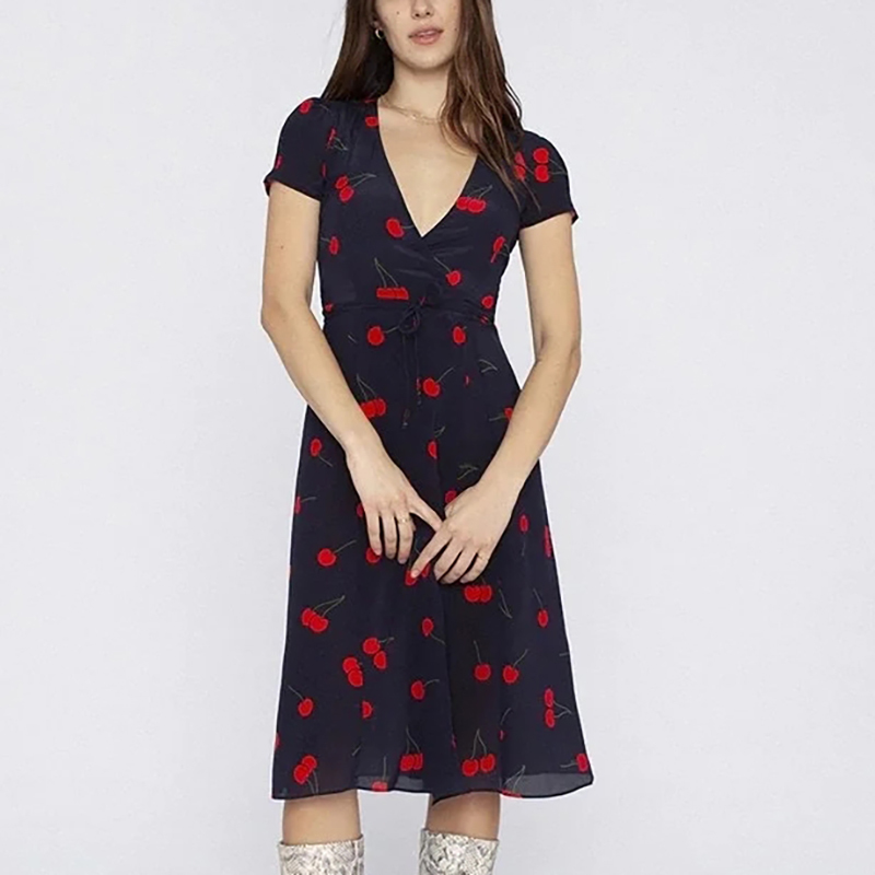 Vintage Cherry Print Dress Women Deep V Neck Sexy High Split Wrap Summer Short Sleeve Boho Casual Midi es 210515