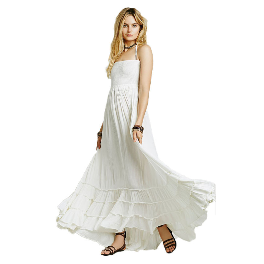 Women Dress Cotton Backless Hollow Out Spaghetti Strap es Ruffles Loose Bohemia Sexy Long Beach Maxi es 210513