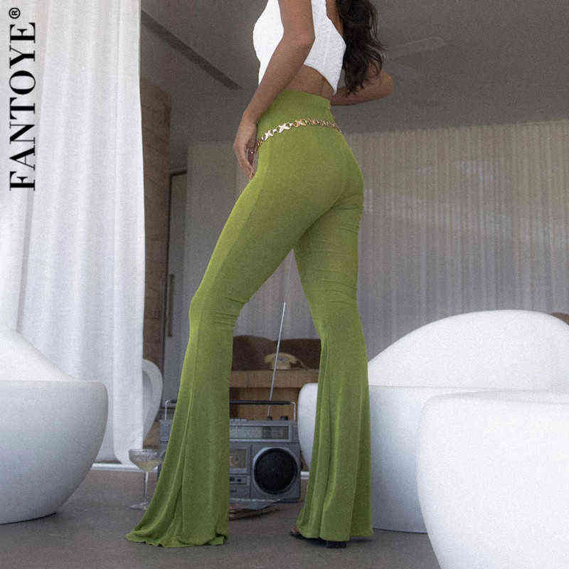 Fantoye Spring High Waist Flare Stretch Pants For Women Fashion Green Slim Long Trouser Streetwear Casual Solid Woman 211115