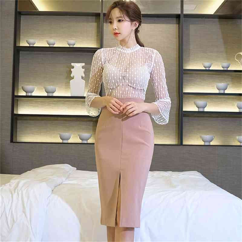 Elegant OL Style 2 Pieces suit Set White transparent flare sleeve Blouse + High Waist Pink Skirt Office Ladies Women 210519
