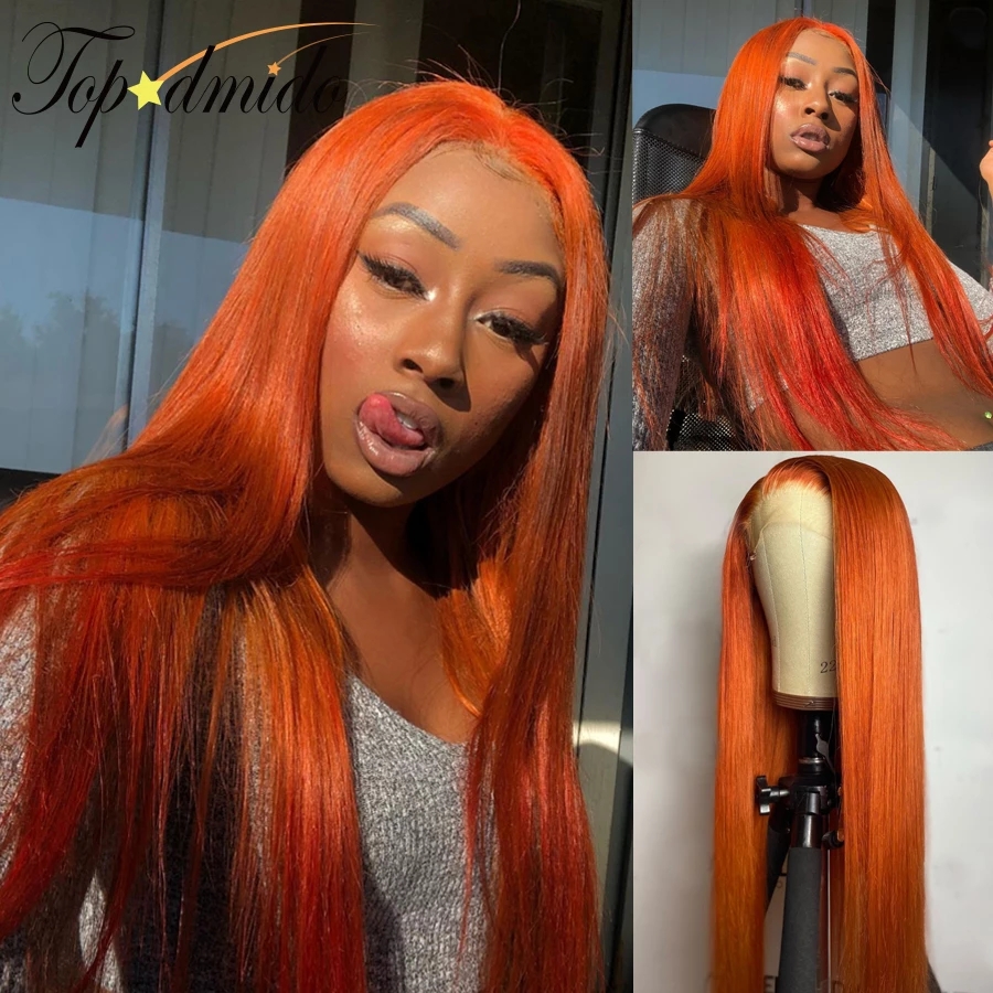 Orange Ginger Straight Simulatiion Human Hair Wigs Natural Hairline Brazilian Synthetic Body Wave Lace Front Wig For Women Bleached Knots