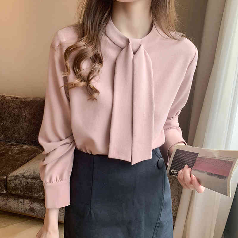 Autumn Long Sleeve Chiffon Blouse Shirt Women Tops Blouse Women Blusas Mujer De Moda Stand Collar Blouse Women Shirts D525 210323
