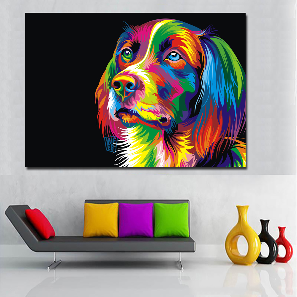 Animal Dog Canvas Printed Painting Modern Funny Thinking Dog Colorful Animal Painting Wall Art for Living Room Decor